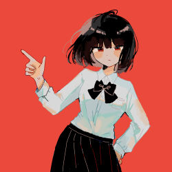 Rule 34 | 1girl, black bow, black bowtie, black hair, black skirt, bob cut, bow, bowtie, closed mouth, collared shirt, hand up, highres, jellying, limbus company, long sleeves, looking at viewer, project moon, red background, red eyes, ryoshu (project moon), shirt, short hair, simple background, skirt, solo, upper body, white shirt