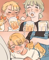 2girls 2koma alcohol beer beer_mug blonde_hair blush breath closed_eyes comic cup drinking drunk dungeon_meshi elf falin_touden falin_touden_(tallman) green_eyes highres marcille_donato milfcookiesimp mug multiple_girls orange_background overalls pointy_ears sweat toilet twintails upper_body