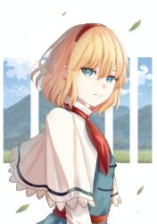 Rule 34 | 1girl, alice margatroid, ascot, blonde hair, blue dress, blue eyes, capelet, commentary, dress, hairband, hidaka (hkdk4587), highres, leaf, red ascot, red hairband, short hair, solo, touhou, upper body, white capelet