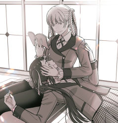 Rule 34 | 2girls, ba 90mushi, blush, book, braided hair rings, closed mouth, commentary request, eye contact, hand on another&#039;s cheek, hand on another&#039;s face, highres, holding, holding book, hyakkaou academy school uniform, igarashi sayaka, kakegurui, lap pillow, looking at another, momobami kirari, multiple girls, school uniform, sitting, yuri