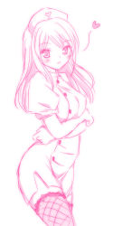 Rule 34 | 1girl, blush, heart, long hair, monochrome, nurse, simple background, smile, solo, thighhighs, white background, yuyi