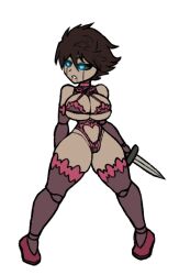 Rule 34 | 1girl, blue hair, breasts, brown hair, concept art, cross-laced clothes, cross-laced top, dagger, darkest dungeon, doll, elbow gloves, full body, genderswap, genderswap (mtf), gloves, high heels, highleg, highleg leotard, highwayman (darkest dungeon), holding, holding dagger, holding knife, holding weapon, knife, large breasts, leotard, open mouth, short hair, solo, standing, thighhighs, transparent background, underwear, weapon, xelsword