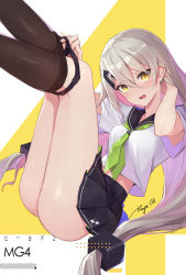 Rule 34 | 1girl, 2018, ass, black panties, black sailor collar, blush, breasts, brown pantyhose, character name, clothes pull, commentary request, dated, fingernails, furrowed brow, girls&#039; frontline, gradient hair, green neckerchief, hair between eyes, hair bobbles, hair ornament, hairclip, hand in own hair, highres, legs, legs up, long fingernails, long hair, looking at viewer, low twintails, lying, mg4 (girls&#039; frontline), mg4 (survival club) (girls&#039; frontline), miniskirt, multicolored hair, neckerchief, nose blush, official alternate costume, on back, open mouth, panties, panty pull, pantyhose, pantyhose pull, pleated skirt, purple hair, ranyu, sailor collar, school uniform, serafuku, shiny skin, shirt, short sleeves, sidelocks, signature, silver hair, skirt, small breasts, solo, tearing up, tears, twintails, two-tone hair, underwear, undressing, very long hair, weapon, yellow eyes