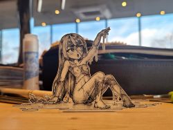 Rule 34 | 1girl, completely nude, flat chest, highres, hololive, hololive indonesia, jqhnharqld, kureiji ollie, long hair, nipples, nude, paper child, papercraft (medium), patchwork skin, photo (medium), solo, stitched face, stitches, unconventional media, virtual youtuber, water, wet, zombie