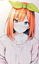 Rule 34 | 1girl, blue eyes, blush, bow, breasts, closed mouth, collarbone, commentary, double-parted bangs, english commentary, eyelashes, go-toubun no hanayome, green bow, green ribbon, long hair, looking at viewer, medium breasts, nakano yotsuba, nose blush, orange hair, ribbed sweater, ribbon, sanpaku, simple background, solo, sweater, the-fellow, upper body, white background, white sweater
