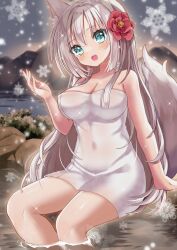 Rule 34 | 1girl, absurdres, animal ears, blue eyes, blush, breasts, cleavage, fang, flower, fox ears, fox girl, fox tail, hair flower, hair ornament, hair tubes, highres, hinao, large breasts, long hair, looking at viewer, mountain, naked towel, onsen, open mouth, original, outdoors, sitting, smile, snowing, soaking feet, solo, sparkle, tail, towel, very long hair, water, white hair