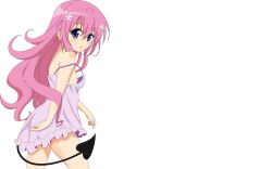 Rule 34 | 10s, 1girl, :o, aki99, bare shoulders, blush, body blush, casual, demon tail, dress, female focus, flat chest, flower, hair between eyes, hair flower, hair ornament, highres, long hair, looking at viewer, looking back, nana asta deviluke, nipple slip, nipples, no bra, open mouth, pink hair, purple eyes, simple background, solo, standing, strap slip, sundress, tail, thigh gap, to love-ru, to love-ru darkness, wallpaper, white background