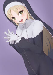 Rule 34 | 1girl, absurdres, black dress, black headwear, blush, brown eyes, dress, gloves, habit, highres, light brown hair, looking at viewer, nijisanji, nun, onomotomono, open mouth, own hands together, sister claire, sister claire (1st costume), smile, solo, virtual youtuber, white gloves