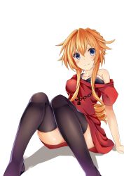 Rule 34 | 10s, 1girl, absurdres, aria (schwarza97rw0rd), bare shoulders, black thighhighs, blue eyes, blush, braid, breasts, cleavage, date a live, drill hair, hair between eyes, highres, long hair, looking at viewer, orange hair, simple background, sitting, smile, solo, thighhighs, white background, yamai kaguya