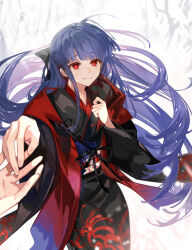 1girl 1other absurdres arlizi asagami_fujino asagami_fujino_(third_ascension) black_kimono black_ribbon blunt_bangs blurry blurry_background clenched_hand closed_mouth cowboy_shot depth_of_field fate/grand_order fate_(series) floral_print foreshortening hair_ribbon half_updo hands_up highres holding_hands japanese_clothes kara_no_kyoukai kimono long_hair long_sleeves looking_at_viewer no_pupils obi obiage obijime outdoors pov pov_hands print_sash purple_hair red_eyes red_shawl ribbon sash shawl smile snowing solo_focus spider_lily_print tree wide_sleeves winter