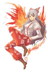 Rule 34 | 1girl, albino, bad id, bad pixiv id, boots, bow, fire, fujiwara no mokou, full body, hair bow, hair ornament, hands in pockets, long hair, long sleeves, looking at viewer, ofuda, pants, puffy sleeves, red eyes, shirt, silence girl, simple background, solo, touhou, very long hair, white background, white hair, wings