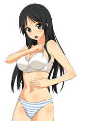 Rule 34 | 1girl, a1 (initial-g), absurdres, adjusting bra, adjusting clothes, akiyama mio, black eyes, black hair, bra, hand on own stomach, highres, k-on!, long hair, navel, open mouth, panties, solo, stomach, striped clothes, striped panties, underwear, underwear only
