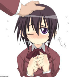 Rule 34 | 00s, 1girl, ;), bamboo blade, black hair, blush, bow, bowtie, full-face blush, kawazoe tamaki, long sleeves, looking at viewer, makarou, one eye closed, purple eyes, red bow, red bowtie, short hair, simple background, smile, solo focus, upper body, white background