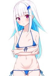 Rule 34 | 1girl, bare shoulders, bikini, blue bikini, blush, breasts, closed mouth, collarbone, crossed arms, fuji yoshida, gluteal fold, hair ornament, highres, lize helesta, long hair, looking at viewer, medium breasts, micro bikini, multicolored hair, nijisanji, shy, simple background, solo, standing, stomach, striped bikini, striped clothes, swimsuit, thick thighs, thighhighs, thighs, two-tone hair, virtual youtuber