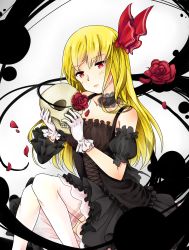 Rule 34 | 1girl, absurdres, alternate costume, alternate hair length, alternate hairstyle, asymmetrical clothes, bad id, bad pixiv id, black dress, blonde hair, choker, darkness, detached sleeves, dress, female focus, flower, frilled dress, frills, gothic lolita, hair ribbon, head tilt, highres, lace, lace-trimmed legwear, lace trim, lolita fashion, long hair, platinum (o0baijin0o), puffy short sleeves, puffy sleeves, red eyes, ribbon, rose, rumia, short sleeves, sitting, skull, slit pupils, solo, thighhighs, touhou, tress ribbon, white thighhighs