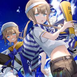 Rule 34 | 2boys, :o, arm behind back, artist name, baseball cap, belt, blue bow, blue eyes, blue hair, blue sky, blunt bangs, bow, captain nemo (fate), carrying, carrying under arm, chromatic aberration, cloud, director, fate/grand order, fate (series), floating hair, gradient hair, grin, hair flaps, hand up, hat, holding, holding paper, house, index finger raised, light brown hair, liorac, long hair, looking at viewer, low twintails, marine nemo (fate), midriff, multicolored hair, multiple boys, navel, nemo (fate), open mouth, paper, rolled up paper, sailor collar, satellite dish, shirt, short hair, short sleeves, short twintails, shorts, sideways hat, sky, smile, striped clothes, striped shirt, sweater around neck, tan, twintails, visor cap, white shirt