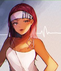 Rule 34 | 1girl, alternate hairstyle, animification, apex legends, bad id, bad twitter id, bare shoulders, breasts, brown eyes, camisole, cleavage, collarbone, commentary request, dark-skinned female, dark skin, eyelashes, hair down, half-closed eyes, headband, highres, lifeline (apex legends), long hair, looking at viewer, mokuharu, open mouth, red eyes, red lips, small breasts, solo, spaghetti strap, upper body, white camisole, white headband