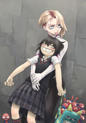 Rule 34 | 2girls, 6+boys, against wall, asymmetrical hair, backpack, bag, bags under eyes, behind another, black hair, black necktie, black skirt, black socks, black sweater vest, blonde hair, blush, bodysuit, brown eyes, chibi, chiyo maru, clone, commentary request, drooling, eyebrow piercing, feet out of frame, green eyes, grin, holding, holding bag, kneehighs, leaning back, leaning on person, looking up, marvel, mouth drool, multicolored hair, multiple boys, multiple girls, necktie, own hands together, parted lips, peni parker, piercing, plaid, plaid skirt, pleated skirt, roots (hair), sanpaku, shirt, short hair, short sleeves, sidecut, signature, skirt, smile, socks, spider-gwen, spider-man, spider-man: into the spider-verse, spider-man (series), spider-verse, standing, superhero costume, sweater vest, undercut, unworn backpack, unworn bag, white bodysuit, white shirt