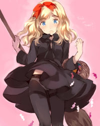 Rule 34 | 1girl, basket, black pantyhose, blonde hair, blue eyes, blush, bow, broom, candy, crotch seam, dress, food, hair bow, halloween, long hair, long sleeves, looking at viewer, open mouth, original, panties, panties under pantyhose, pantyhose, pantyshot, pink background, simple background, solo, tan (tangent), thighband pantyhose, trick or treat, underwear