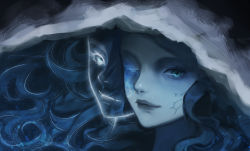 Rule 34 | 1girl, absurdres, beddo712140, blue eyes, blue hair, blue skin, colored skin, cracked skin, elden ring, extra faces, hat, highres, long hair, looking at viewer, one eye closed, ranni the witch, solo, wavy hair, white hat, witch hat