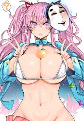 Rule 34 | 1girl, :o, ?, alternate hairstyle, aura, bikini, blue shirt, blush, breasts, clothes pull, collarbone, commentary request, covered erect nipples, double w, flower, food, fruit, groin, hair between eyes, hair ribbon, hata no kokoro, highres, large breasts, long hair, long sleeves, looking at viewer, mandarin orange, mask, mask on head, navel, open clothes, open mouth, open shirt, out-of-frame censoring, pink eyes, pink hair, pink skirt, plaid, plaid shirt, red ribbon, ribbon, roki (hirokix), shirt, sidelocks, simple background, skirt, skirt pull, spoken question mark, stomach, strap pull, sweat, swimsuit, touhou, triangle, twintails, unmoving pattern, very long hair, w, white background, white bikini, x