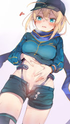 Rule 34 | 1girl, ahoge, aqua eyes, artoria pendragon (fate), baseball cap, black hat, black thighhighs, blonde hair, blue scarf, blue shirt, blue shorts, blush, breasts, breath, clothes lift, cowboy shot, fate/grand order, fate (series), groin, hair between eyes, hand on own stomach, hat, heavy breathing, highleg, highleg panties, highres, lifted by self, medium breasts, midriff, mysterious heroine x (fate), mysterious heroine x (third ascension) (fate), navel, open fly, open mouth, panties, purple panties, scarf, shirt, shirt lift, short hair, short shorts, shorts, simple background, solo, squiggle, stomach, sweat, thighhighs, thighs, tomozero, underwear, white background