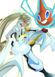Rule 34 | 1girl, absurdres, armband, black footwear, black necktie, blonde hair, blurry, boots, colored eyelashes, commentary request, creatures (company), electric miku (project voltage), electricity, eyelashes, game freak, gen 4 pokemon, gloves, green eyes, hatsune miku, highres, holding, jumpsuit, long hair, necktie, nintendo, parted lips, pokemon, pokemon (creature), project voltage, red gloves, rotom, rotom (normal), sidelocks, smile, taiju (gr09kuma), twintails, vocaloid, white jumpsuit