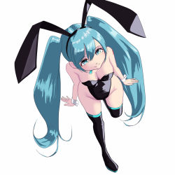 Rule 34 | 1girl, animal ears, aqua eyes, aqua hair, black thighhighs, boots, breasts, cleavage, covered navel, fake animal ears, female focus, foreshortening, full body, hatsune miku, highres, koba (furikake-p), leotard, long hair, looking at viewer, medium breasts, playboy bunny, rabbit ears, shoulder tattoo, simple background, solo, strapless, strapless leotard, tattoo, thigh boots, thighhighs, twintails, very long hair, vocaloid, white background, wrist cuffs