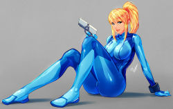 Rule 34 | 1girl, absurdres, arm support, armband, ass, blonde hair, blue eyes, bodysuit, breasts, finger on trigger, full body, gun, hairband, highres, holding, holding gun, holding weapon, large breasts, legs folded, lips, long hair, looking at viewer, metroid, mole, mole under mouth, nintendo, ponytail, samus aran, shiny clothes, signature, sitting, skin tight, smile, solo, topsu, weapon, zero suit