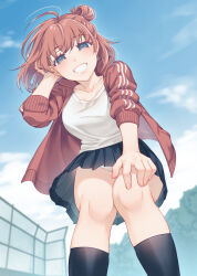 Rule 34 | 1girl, blue eyes, blue sky, blush, commentary request, day, from below, highres, jacket, looking at viewer, oono kanae, open clothes, open jacket, original, outdoors, panties, pantyshot, red hair, short hair, skirt, sky, smile, socks, solo, underwear, white panties