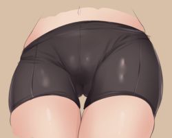 Rule 34 | 1girl, bike shorts, black shorts, brown background, commentary request, cropped legs, cropped torso, from below, gluteal fold, lower body, navel, original, shorts, simple background, skindentation, solo, thigh gap, yarareimu