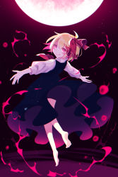 Rule 34 | 1girl, @ @, absurdres, ascot, barefoot, black dress, blonde hair, blush, bow, dress, full moon, hair between eyes, hair bow, highres, long sleeves, looking at viewer, looking back, moon, moonlight, outstretched arms, red ascot, red bow, red eyes, ribbon, rumia, shinketsu kanyu, short hair, smile, solo, tongue, tongue out, touhou, white sleeves