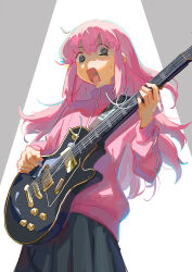 Rule 34 | 1girl, black eyes, bocchi the rock!, commentary, cowboy shot, electric guitar, gibson les paul, gotoh hitori, grey background, grey skirt, guitar, highres, holding, holding instrument, instrument, jacket, long hair, long sleeves, looking at viewer, music, nervous sweating, open mouth, pink hair, pink jacket, playing instrument, pleated skirt, qosic, sidelocks, simple background, skirt, solo, spotlight, standing, sweat, track jacket, two-tone background, white background