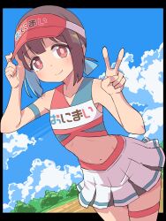 Rule 34 | 1girl, absurdres, alternate costume, arm strap, bare arms, bare shoulders, black border, blue hair, blue sky, blunt bangs, blunt ends, border, brown eyes, brown hair, cheerleader, cloud, commentary, copyright name, cowboy shot, day, flat chest, hand on headwear, highres, hozuki momiji, leaning forward, looking at viewer, midriff, miniskirt, multicolored hair, navel, onii-chan wa oshimai!, outdoors, outside border, pleated skirt, short hair, short ponytail, skirt, sky, smile, solo, sweat, thigh strap, two-tone hair, u illustrator, v, visor cap