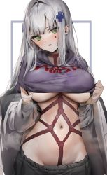 Rule 34 | 1girl, bondage under clothes, breasts, clothes lift, cross hair ornament, girls&#039; frontline, girls&#039; frontline neural cloud, green eyes, grey hair, hair ornament, head tilt, highres, hk416 (girls&#039; frontline), large breasts, lifted by self, long hair, looking at viewer, navel, open mouth, poharo, simple background, solo, stomach, teardrop tattoo, teeth, underboob, upper body, upper teeth only