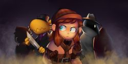 Rule 34 | a hat in time, alternate costume, belt, belt buckle, blue eyes, bow, bowtie, brown hair, buckle, conductor (a hat in time), detective, gloves, hat kid, highres, jenna brown, official art, ponytail, smoke