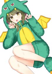Rule 34 | 1girl, absurdres, bare legs, blush, dinosaur costume, fake wings, fang, green eyes, green hair, highres, hood, hood up, idolmaster, idolmaster shiny colors, kan&#039;oke, legs folded, looking at viewer, nanakusa nichika, official alternate costume, paw pose, paw shoes, simple background, solo, white background, wings