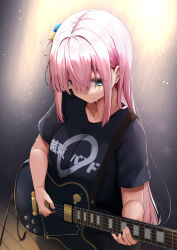 Rule 34 | 1girl, black shirt, bocchi the rock!, breasts, clothes writing, collarbone, commentary request, cube hair ornament, electric guitar, gotoh hitori, guitar, hair between eyes, hair ornament, holding, holding instrument, instrument, long hair, medium breasts, minato yu, one side up, pink hair, shirt, short sleeves, solo, very long hair, wooden floor