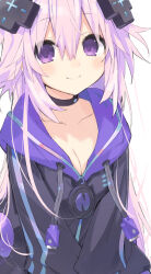 Rule 34 | 1girl, absurdres, adult neptune, black choker, black jacket, blush, breasts, buran buta, choker, choujigen game neptune, cleavage, closed mouth, commentary request, d-pad, d-pad hair ornament, hair between eyes, hair ornament, highres, jacket, long hair, long sleeves, looking at viewer, medium breasts, neptune (series), pink hair, purple eyes, simple background, smile, solo, white background