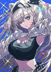 Rule 34 | 1girl, absurdres, animal ears, arknights, arm up, aurora, aurora (arknights), aurora (elite ii) (arknights), bear ears, bear girl, black gloves, black hairband, black shirt, blue background, blue eyes, breasts, cleavage, cropped jacket, gloves, grey hair, hair over one eye, hairband, highres, jacket, large breasts, long hair, looking at viewer, midriff, navel, parted lips, shirt, shokikanes, simple background, solo, upper body, white jacket