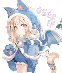 Rule 34 | 1girl, animal ears, animal hands, animal hood, bell, blonde hair, blush, capelet, cat ears, cat tail, crop top, final fantasy, final fantasy xiv, gaelicat, gloves, hood, looking at viewer, miqo&#039;te, momoko (momopoco), paw gloves, red eyes, slit pupils, solo, tail, tail bell, tail ornament, translation request, upper body, warrior of light (ff14), white background