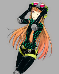 Rule 34 | 1girl, arms up, blunt bangs, elbow pads, gloves, goggles, goggles on head, grey background, hands up, holding, holding goggles, knee pads, long hair, one eye closed, orange hair, persona, persona 5, purple eyes, sakura futaba, shiweru, simple background, skin tight, smile