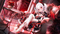 Rule 34 | 1girl, arm support, armchair, balcony, black dress, blush, breasts, bright pupils, chair, chen bin, closed mouth, cloud, commentary request, crossed legs, demon horns, demon wings, dress, earrings, feet, fishnet pantyhose, fishnets, flower, forehead, full body, gothic lolita, hand on own face, head tilt, highres, horns, jewelry, juliet sleeves, legs, lolita fashion, long hair, long sleeves, looking at viewer, no shoes, original, pantyhose, parted bangs, plant, pointy ears, potted plant, puffy sleeves, railing, red eyes, red flower, red rose, red sky, rose, sitting, sky, slit pupils, small breasts, smile, soles, solo, table, toes, tower, twintails, vase, white hair, white pupils, wings