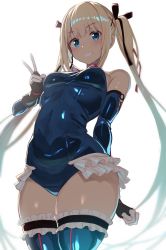 Rule 34 | 1girl, bare shoulders, black ribbon, blonde hair, blue leotard, blue one-piece swimsuit, blue thighhighs, blush, breasts, covered navel, dead or alive, dead or alive 5, dead or alive 6, elbow gloves, frills, gloves, greatmosu, grin, hair ornament, hair ribbon, highres, leotard, long hair, looking at viewer, marie rose, one-piece swimsuit, ribbon, shiny clothes, simple background, small breasts, smile, solo, swimsuit, thighhighs, thighs, twintails, v, white background, x hair ornament