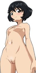 Rule 34 | 1girl, black eyes, black hair, breasts, cleft of venus, female pubic hair, from below, girls und panzer, gogopaint, hand on own chest, highres, looking at viewer, navel, nipples, nude, pubic hair, pussy, short hair, small breasts, solo, utsugi yuuki, white background