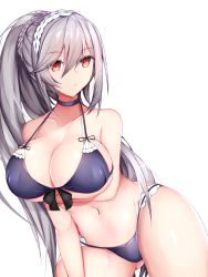 Rule 34 | 1girl, adapted costume, alternate costume, anchor symbol, arm under breasts, azur lane, bikini, blush, braid, breasts, choker, cleavage, closed mouth, collarbone, crown braid, dunkerque (azur lane), dunkerque (summer sucre) (azur lane), flower, gluteal fold, grey hair, groin, hair flower, hair ornament, headdress, highres, large breasts, long hair, looking at viewer, monotosu, navel, pink eyes, ponytail, purple bikini, sidelocks, simple background, skindentation, solo, stomach, swimsuit, thighs, white background