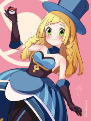 Rule 34 | 1girl, bare shoulders, battle chatelaine, blonde hair, blue dress, blue hat, blush, braid, choker, closed mouth, commentary request, cosplay, creatures (company), dress, evelyn (pokemon), evelyn (pokemon) (cosplay), eyelashes, game freak, gloves, green eyes, hand up, hat, highres, holding, holding poke ball, kinocopro, lillie (pokemon), long hair, nintendo, pink background, poke ball, poke ball (basic), pokemon, pokemon sm, pokemon xy, smile, solo, top hat, twin braids, twitter username, watermark