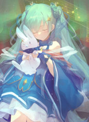 Rule 34 | &gt; o, 1girl, 1other, absurdres, animal, aqua hair, bare shoulders, blue dress, blue gloves, blue ribbon, bow, bowtie, closed eyes, commentary, constellation print, cowboy shot, dot mouth, dress, fingerless gloves, gloves, green background, hair ribbon, hatsune miku, highres, holding, holding animal, layered dress, long hair, mihoranran, musical note, musical note print, one eye closed, rabbit, rabbit yukine, ribbon, star (sky), star (symbol), star print, striped ribbon, tabard, treble clef, twintails, very long hair, vocaloid, wide sleeves, yuki miku, yuki miku (2017)