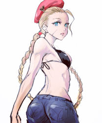 Rule 34 | 1girl, 6maker, absurdres, antenna hair, ass, back, beret, bikini, bikini top only, black bikini, blue eyes, blue pants, braid, breasts, cammy white, casual, colored eyelashes, denim, facial scar, forehead, hat, highres, jeans, long hair, looking at viewer, looking back, medium breasts, pants, red hat, scar, scar on cheek, scar on face, solo, street fighter, swimsuit, twin braids, twisted torso
