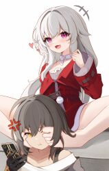 Rule 34 | 2girls, :t, absurdres, anger vein, barefoot, blush, clara (honkai: star rail), fang, feet, foot on head, grey hair, head between feet, heart, highres, honkai: star rail, honkai (series), mesugaki, multiple girls, open mouth, simple background, skin fang, stelle (honkai: star rail), toes, trailblazer (honkai: star rail), v.a. (vanilla), white background, yellow eyes